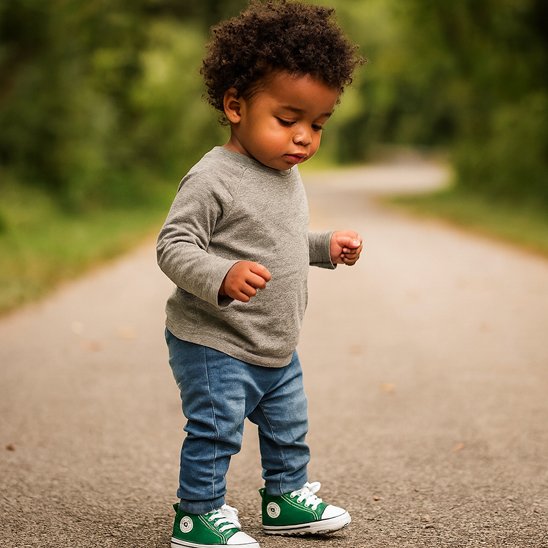 Enfant marchant sur un chemin, portant des chaussures vertes, représentant la chaussure bebe.