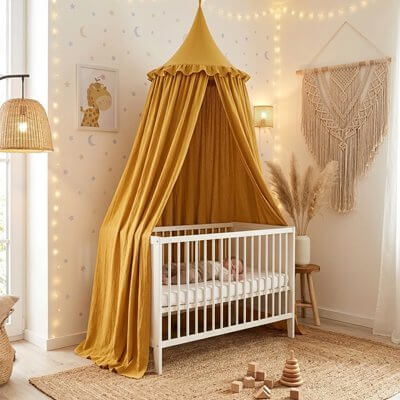 Ciel de lit bébé en tissu jaune dans une chambre d'enfant lumineuse et décorée.