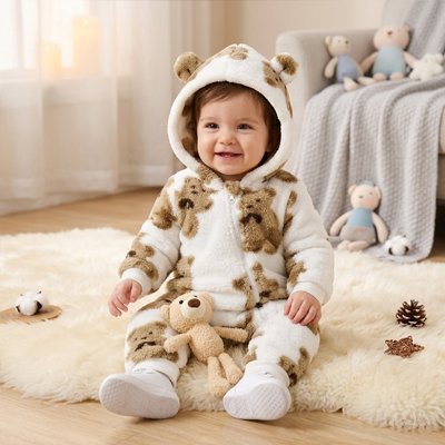Bébé souriant portant une combinaison bebe en peluche avec des oreilles de ours, tenant un doudou.