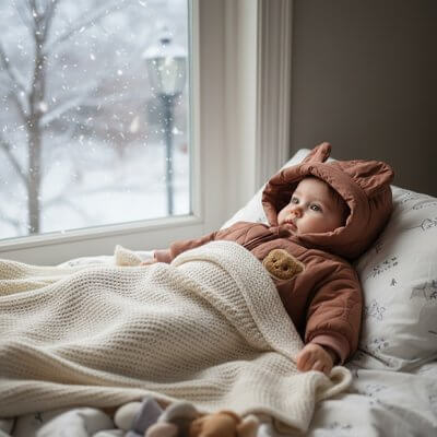 Bébé emmailloté dans une combinaison bébé hiver douce, observant la neige à travers la fenêtre.