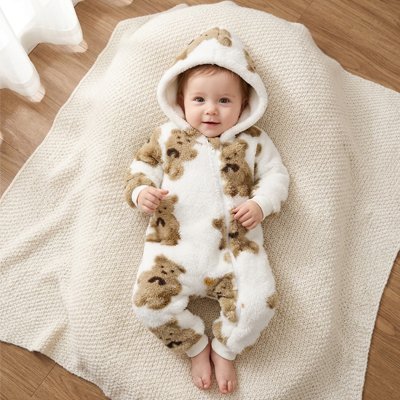 Bébé souriant dans une combinaison bebe douillette avec capuche sur un plaid beige.
