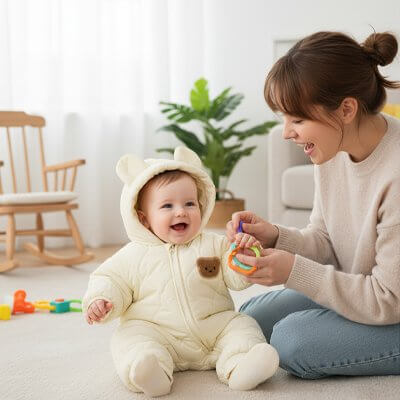 Bébé souriant en combinaison bébé hiver douce, jouant avec sa maman dans un intérieur accueillant.