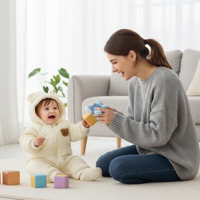 Bébé joyeux en combinaison bébé hiver joue avec des blocs colorés aux côtés de sa maman dans un intérieur confortable.