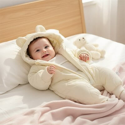 Bébé souriant dans une combinaison bébé hiver douce et confortable, avec capuche à oreilles, sur un lit moelleux.