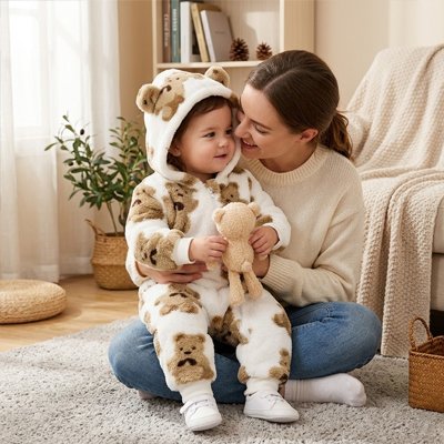 Combinaison bebe douce et chaleureuse portée par un enfant avec sa mère, offrant confort et style.