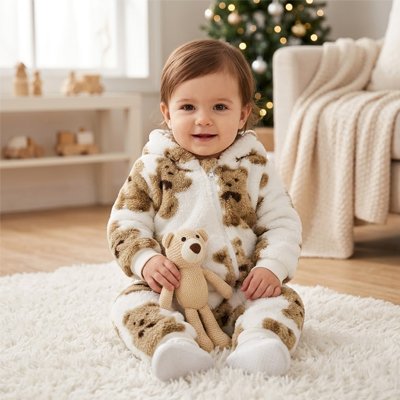Bébé en <strong>Combinaison bebe</strong> douce avec ours, tenant un ours en peluche, dans un environnement chaleureux.