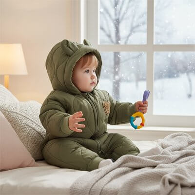 Bébé portant une combinaison bébé hiver douce et confortable, assis sur un lit avec une fenêtre enneigée en arrière-plan.