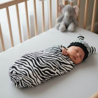 bébé emmailloté dans une couverture emmaillotage bébé rayée, dormant paisiblement dans son lit.