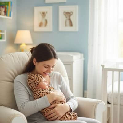Mère tenant son bébé emmailloté dans une couverture emmaillotage bébé, créant un cocon rassurant.