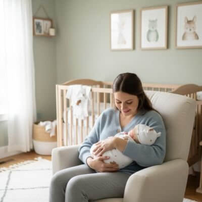 Mère tenant son bébé emmailloté dans une salle à manger calme et apaisante, mettant en avant la couverture emmaillotage bébé.