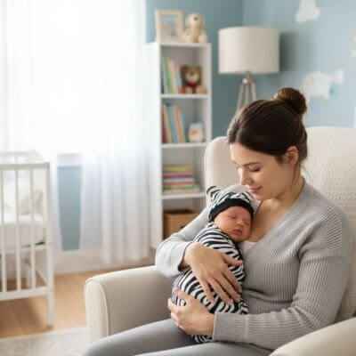 Maman avec son bébé emmailloté dans une couverture emmaillotage bébé, créant un moment apaisant dans une chambre douce.