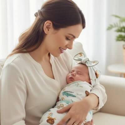 Maman tenant son bébé emmailloté dans une couverture emmaillotage bébé ultra-douce à motifs.