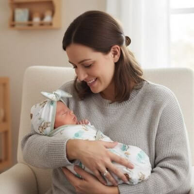 Mère tenant un nouveau-né emmailloté dans une couverture emmaillotage bébé ultra-douce.