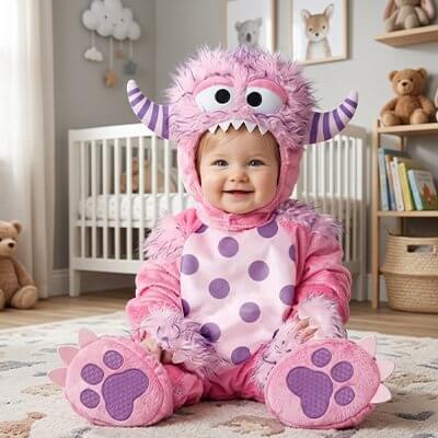 Deguisement bebe : adorable costume de monstre rose avec des pois, parfait pour les fêtes et le confort optimal.
