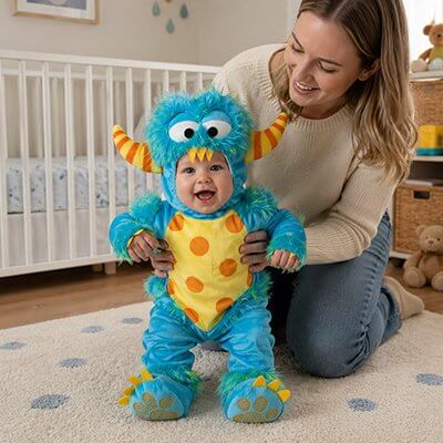 Deguisement bebe : adorable costume monstre bleu et jaune pour petit, parfait pour les fêtes et moments câlins.