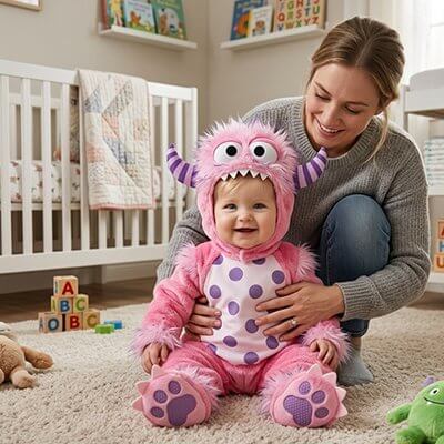 Deguisement bebe en costume de monstre rose avec maman dans une chambre d'enfant.