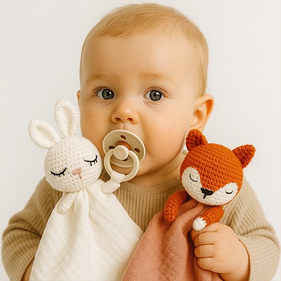 Doudou bebe : un bébé avec doudous en forme de lapin et renard, exprimant tendresse et confort.