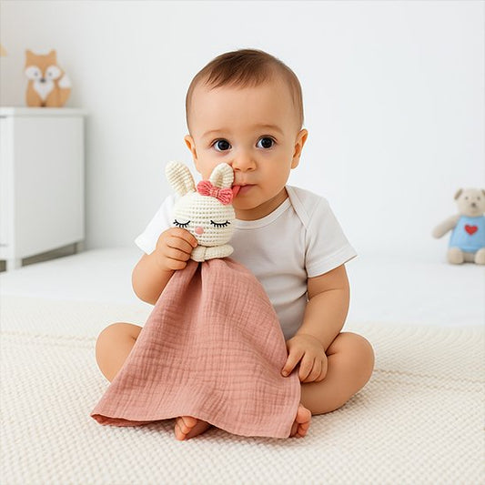 Doudou bebe, un enfant câlinant son doudou en forme de lapin avec un tissu rose.