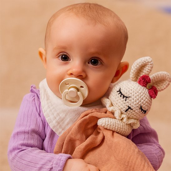 Doudou bebe : un enfant câline un doudou en forme de lapin, symbole de tendresse et de réconfort.