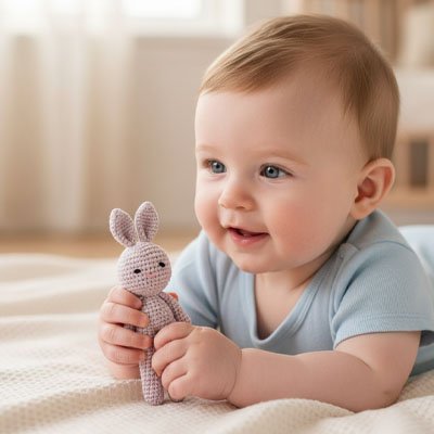 Bébé souriant tenant un doudou bebe lapin doux en jouet, sur un tapis clair.