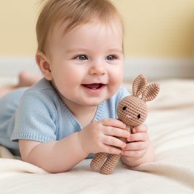 Bébé souriant tenant un doudou bebe lapin tout doux en tricot sur une couverture moelleuse.