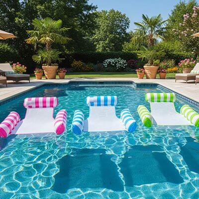 Fauteuils piscine gonflables colorés flottant sur une eau cristalline, entourés de verdure et de transats au bord de la piscine.
