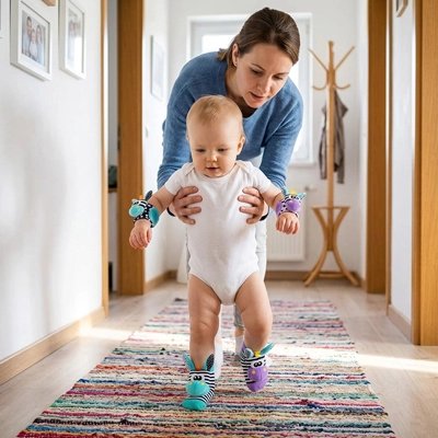 Bébé utilisant un hochet bébé pour stimuler son éveil sensoriel pendant qu'il marche avec l'aide d'une adulte.