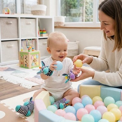 Un bébé joue avec des balles colorées dans une aire de jeu, utilisant un hochet bébé pour un éveil sensoriel.