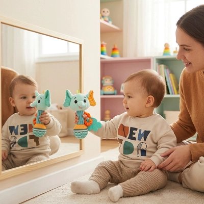 Hochet bébé : Un bébé s'éveille avec un hochet au miroir, découvrez les textures et les couleurs.