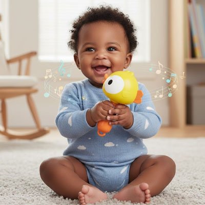 Bébé souriant tenant un hochet bébé musical, prêt pour l'éveil sensoriel en jouant.