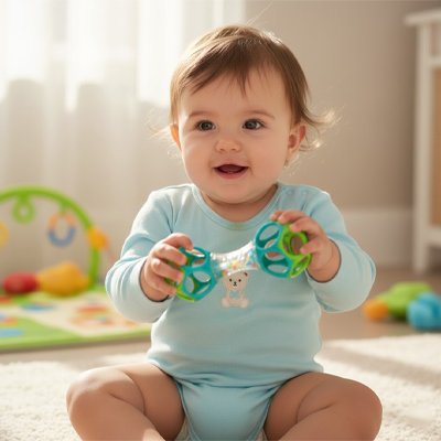 Hochet bébé : un enfant souriant joue avec un hochet coloré dans un environnement lumineux.