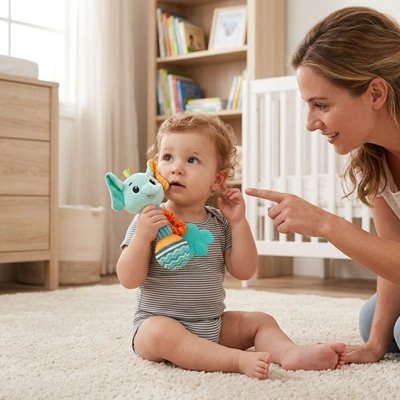 Hochet bébé coloré tenu par un bébé souriant avec sa mère, promouvant l'éveil sensoriel.