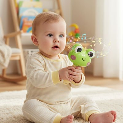 Hochet bébé musical avec un petit garçon jouant joyeusement, éveil sensoriel et amusement garantis.