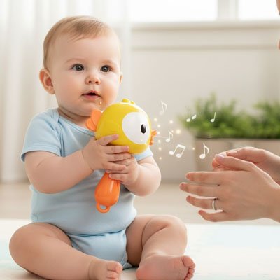 Hochet bébé musical : un bébé joue joyeusement avec un hochet en forme de poisson, émettant des sons