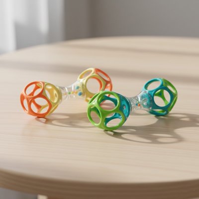 Hochet bébé coloré en plastique transparent sur une table, parfait pour l'éveil des petits explorateurs.