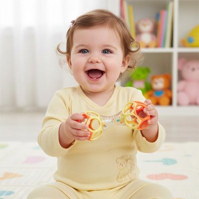 Hochet bébé coloré dans les mains d'un bébé souriant, prêt pour l'éveil sensoriel.