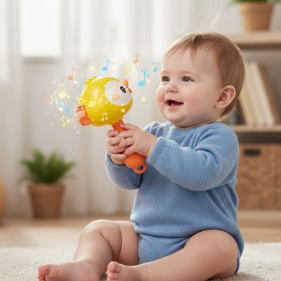Bébé jouant avec un hochet bébé musical coloré, stimulant l'éveil sensoriel dans un environnement joyeux.