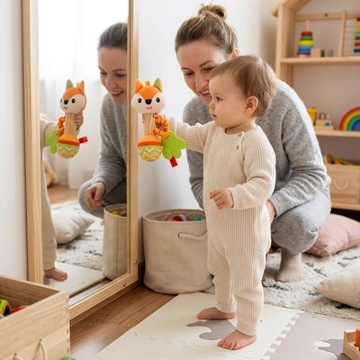 Bébé jouant avec un hochet bébé évolutif sensoriel devant un miroir, accompagnée d'une maman.
