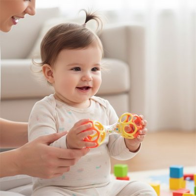 Bébé souriant jouant avec un hochet bébé coloré lors d'une découverte sensorielle.
