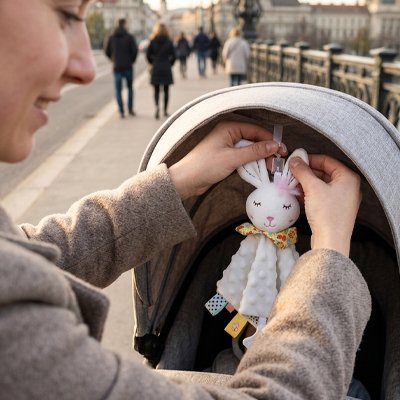 Doudou pour bebe: maman fixant un lapin doudou doux sur la poussette de son bébé.