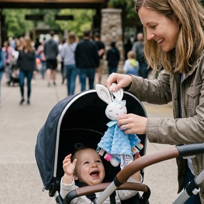 Doudou pour bebe, un lapin tout doux, apportant joie à un bébé dans sa poussette.