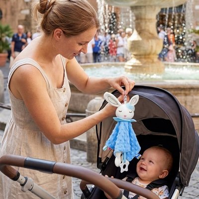 Maman avec un doudou pour bebe en forme de lapin accroché à une poussette, bébé souriant devant une fontaine.