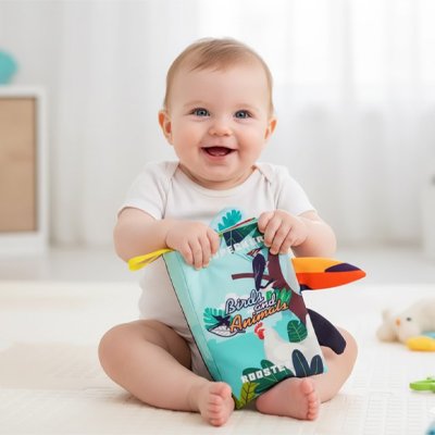 Bébé souriant jouant avec un livre en tissu bébé coloré, éveil sensoriel et curiosité.