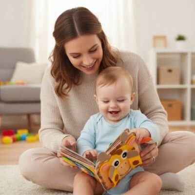 Maman lit un livre en tissu bébé à son enfant souriant, stimulant son éveil sensoriel.