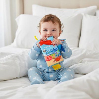 Bébé souriant tenant un livre en tissu bébé sur un lit, découvrant le monde avec curiosité.
