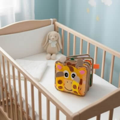 Livre en tissu bébé avec une girafe, parfait pour l'éveil sensoriel des tout-petits.