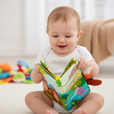 Bébé souriant tient un livre en tissu bébé coloré, découvrant des animaux et initiant son éveil sensoriel.