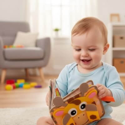 Bébé souriant lisant un livre en tissu bébé avec motifs d'animaux, idéal pour l'éveil sensoriel des tout-petits.