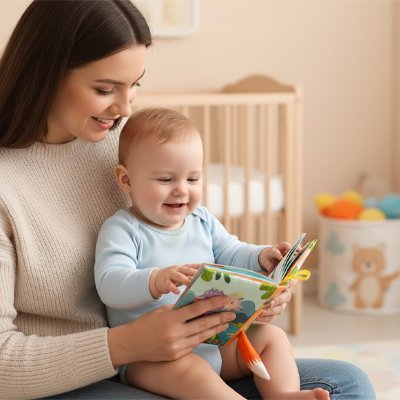 Maman et bébé lisant un livre en tissu bébé ensemble dans une ambiance chaleureuse.