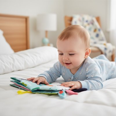 Bébé en pyjama bleu explorant un livre en tissu bébé sur un lit blanc.